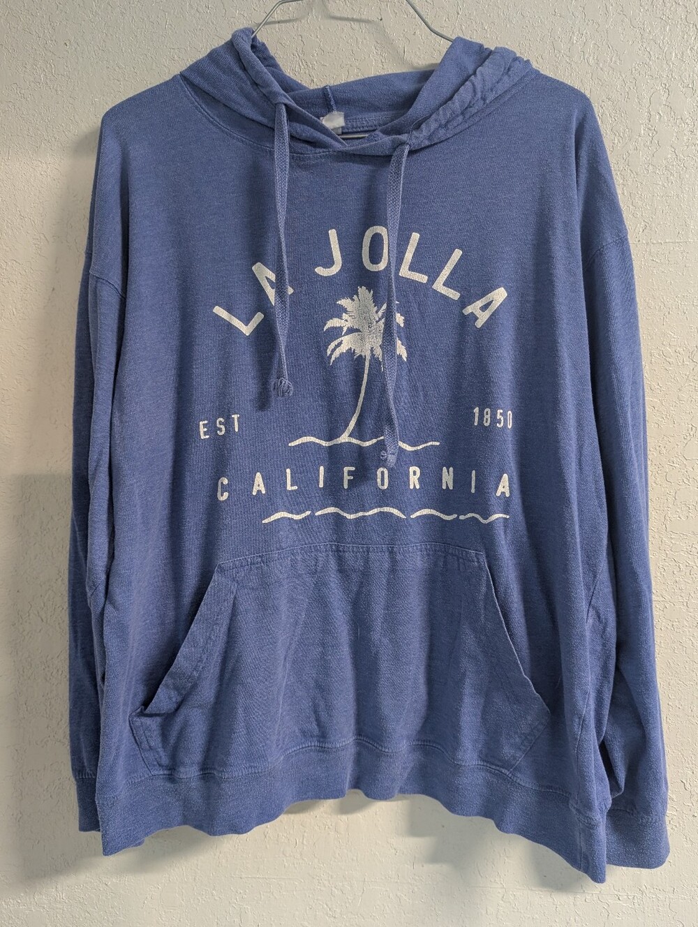 La Jolla California Graphic Hoodie L Dusty Blue Beach Boho Hippie Surf Palm Tree